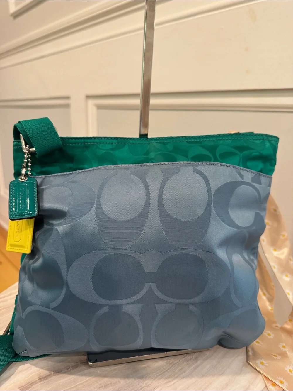 Coach Bag Getaway Green Blue Colorblock  Signature Logo Jacquard Crossbody Bag